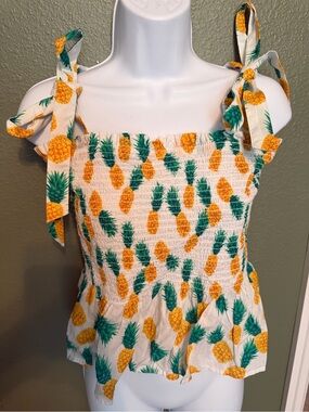 J. Crew Pineapple Print Tie-Strap Smocked Camisole - White, Yellow, Green